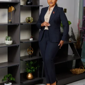 Navy Pinstripe Executive Suit for Refined Professional Women