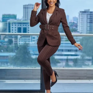 Women’s Belted Pinstripe Suit for Confident Modern Elegance