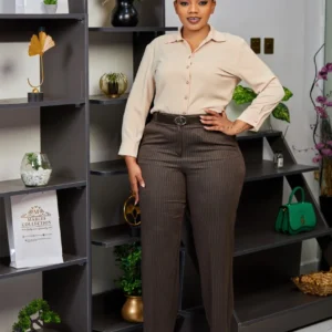 Women’s Brown Pinstripe Trousers with Soft Beige Blouse