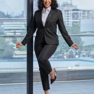 Women’s Charcoal Pinstripe Suit for Confident Elegance and Power