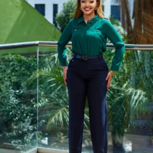 Women’s Navy Office Trousers with Elegant Green Blouse Style