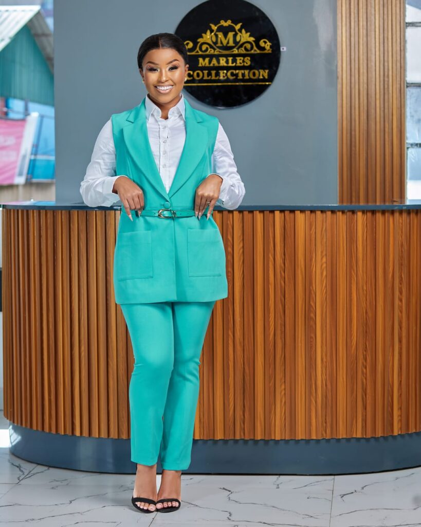 A fresh teal women trouser suit near Koinange Street. Perfect for office wear. Visit us at Deluxe Mall and step out confident.